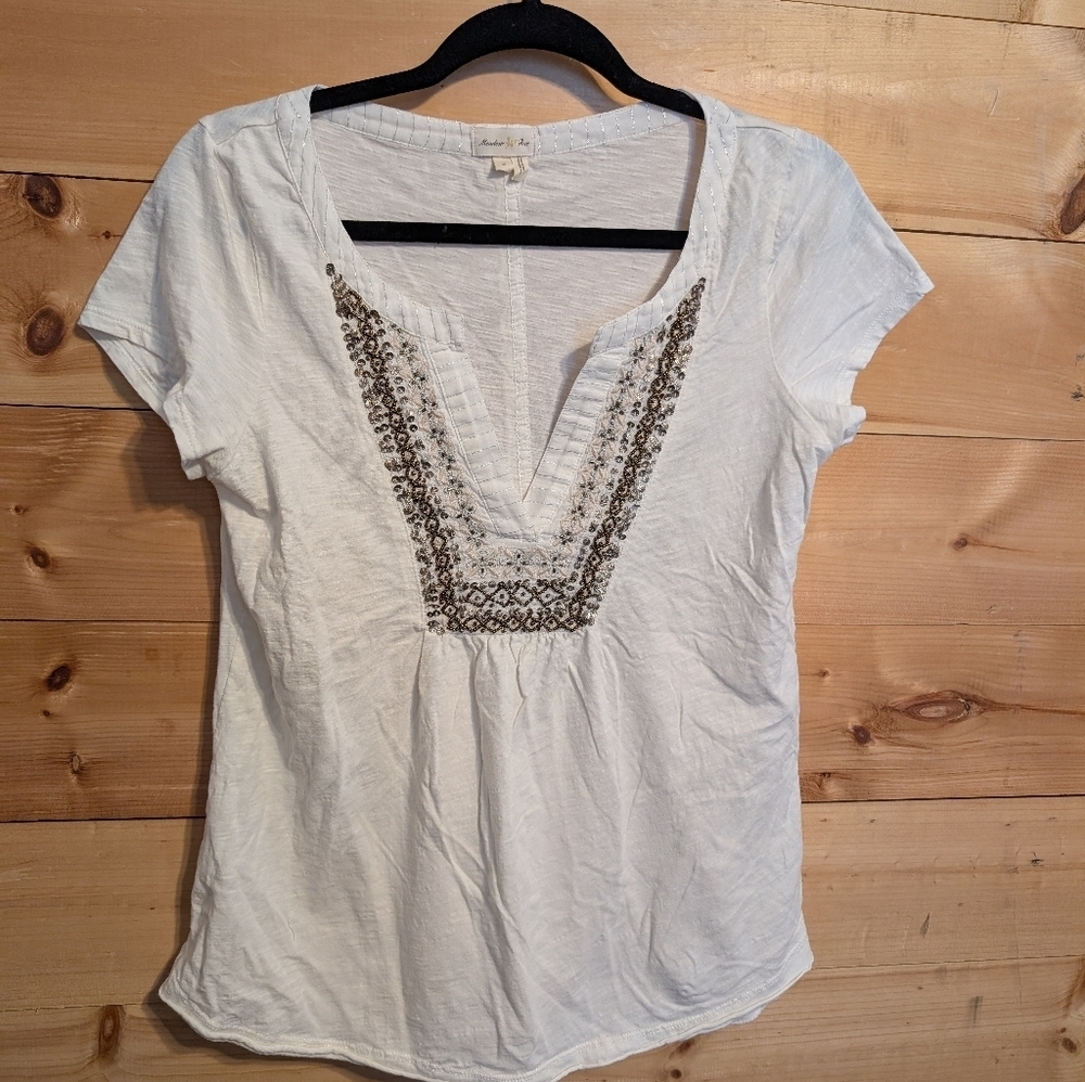 Anthropologie Meadow Rue White Embroidered Short Sleeve Top.. Med